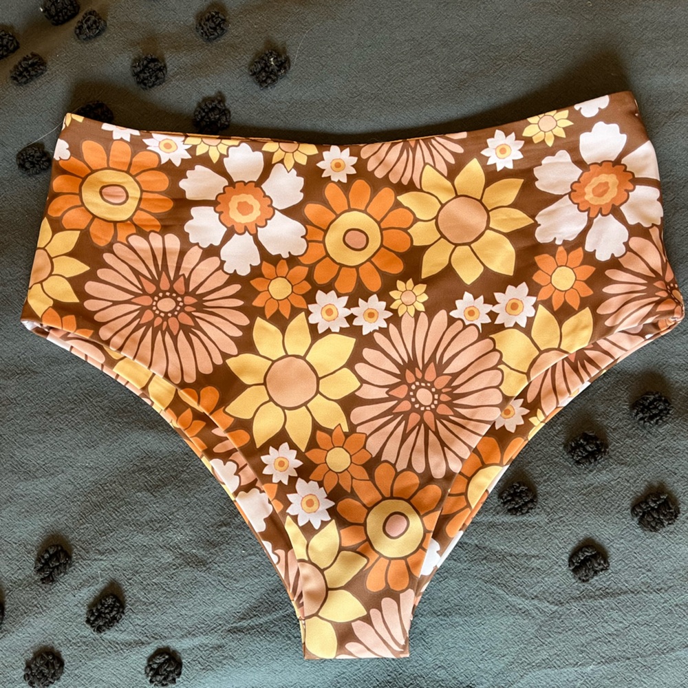 Floral High-Waist Bikini Bottoms - Retro Orange & Brown